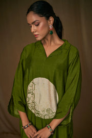 Green Pure Bemberg Slub Digital Print Readymade Top With Bottom