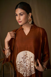 Brown Bemberg Slub Digital Print Readymade Top With Bottom