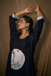 Black Bemberg Slub Digital Print Readymade Top With Bottom