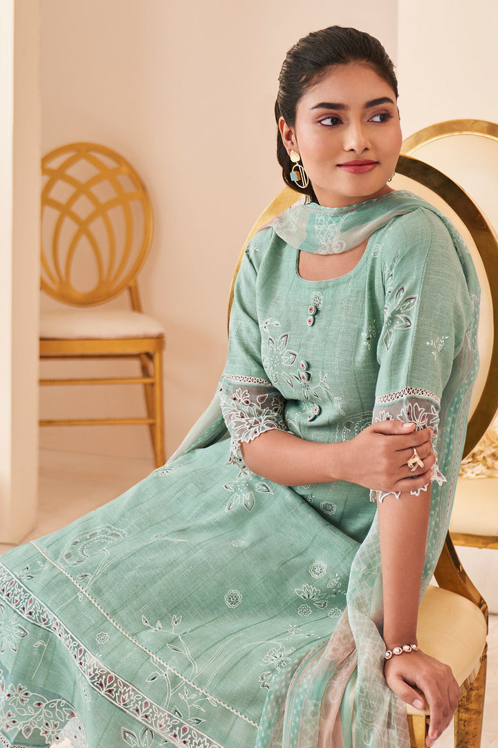 Sea Green Pure Lilan Khadi Block Print With Embroidery Work Designer Long Straight Cut Salwar Kameez