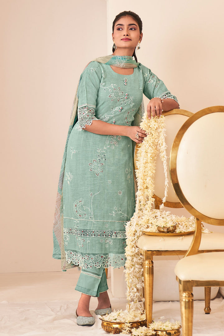 Sea Green Pure Lilan Khadi Block Print With Embroidery Work Designer Long Straight Cut Salwar Kameez