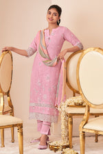 Load image into Gallery viewer, Pure Lilan Khadi Block Print With Embroidery Work Pink Designer Straight Cut Salwar Suit
