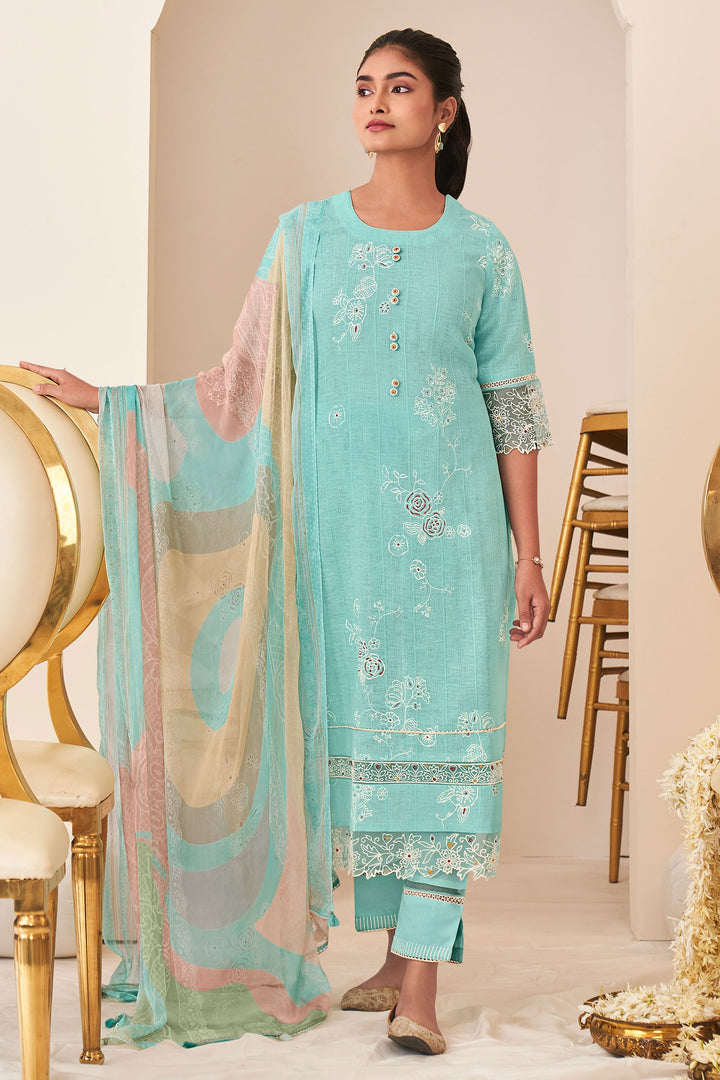 Cyan Pure Lilan Khadi Block Print With Embroidery Work Straight Cut Suit