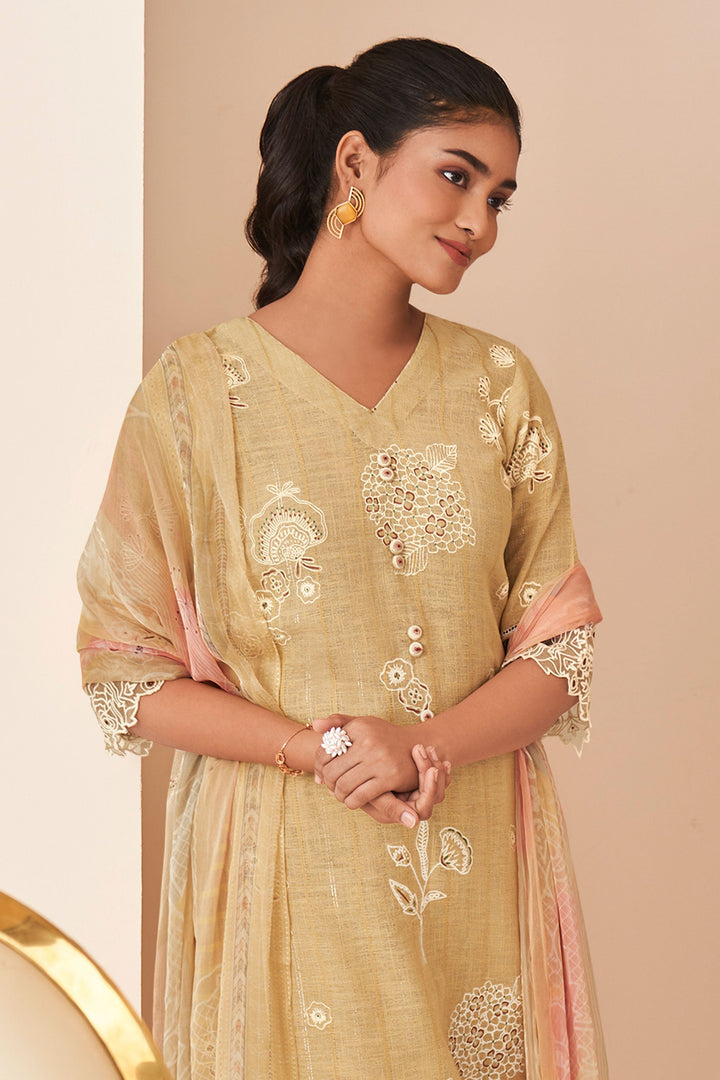 Cream Pure Lilan Khadi Block Print With Embroidery Work Straight Cut Dress