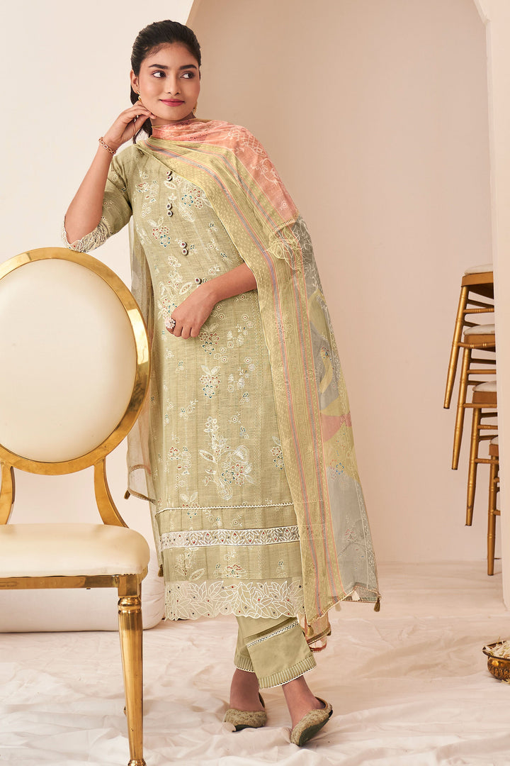 Pure Lilan Khadi Block Print With Embroidery Work Designer Long Straight Cut Salwar Kameez In Beige Color