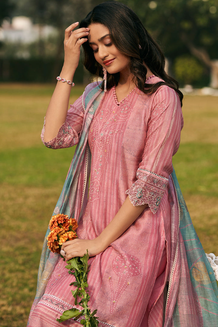 Pure Banaras Chanderi Handwork Straight Cut Salwar Kameez In Pink Color