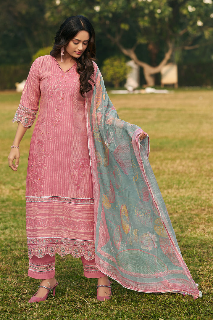 Pure Banaras Chanderi Handwork Straight Cut Salwar Kameez In Pink Color