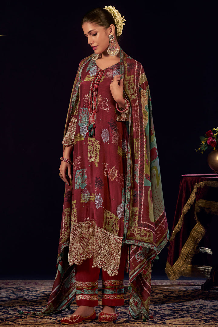 Maroon Muslin Jacquard silk Digital Printed Salwar Suit
