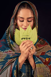 Muslin Jacquard silk Digital Printed Salwar Suit In Blue Color