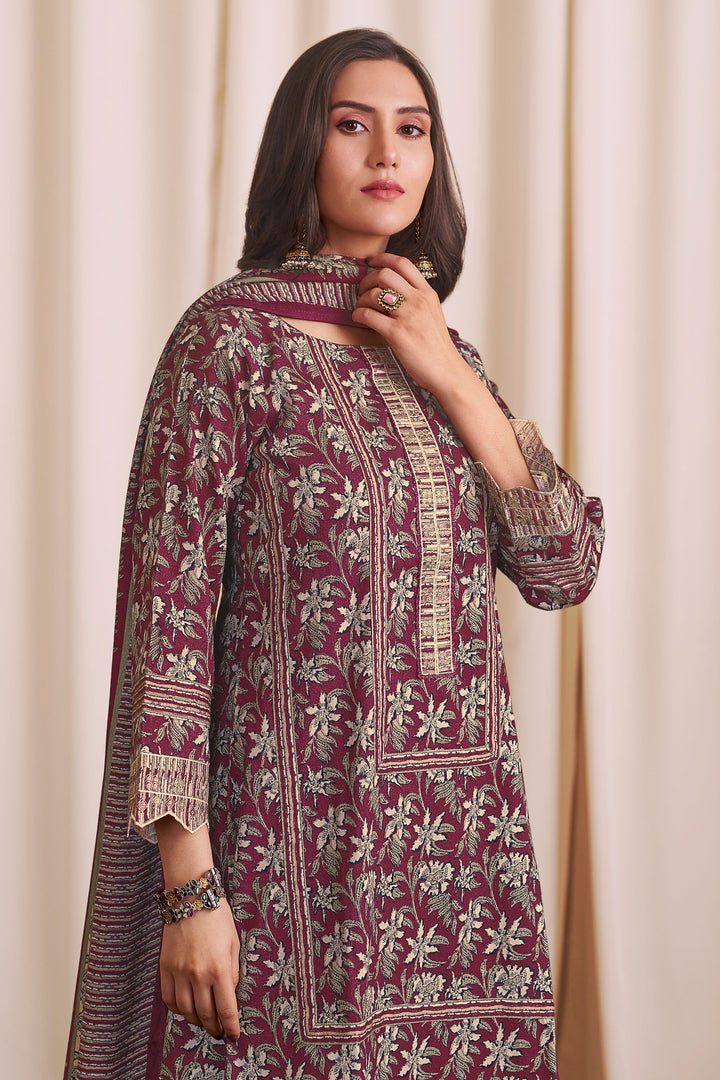 Maroon Pure Premium Corduroy Digital Print Work Salwar Suit