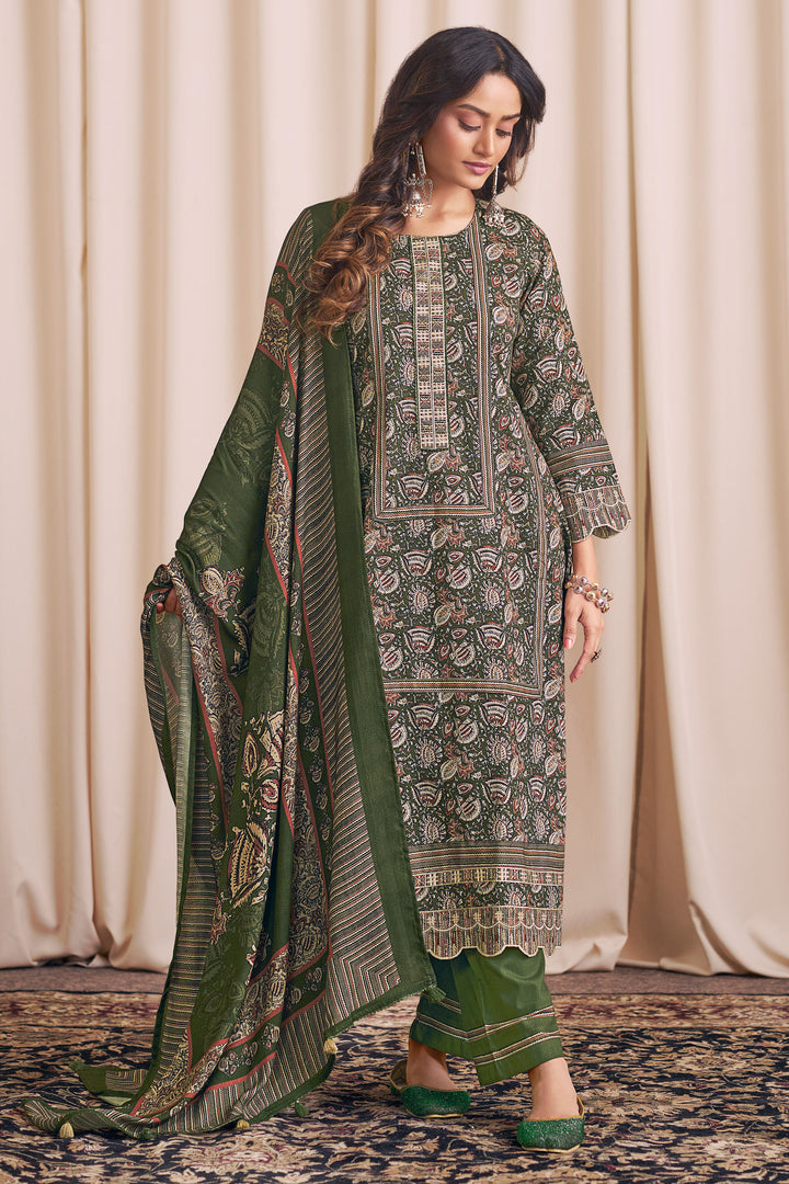 Pure Premium Corduroy Party Wear Salwar Suit In Green Color