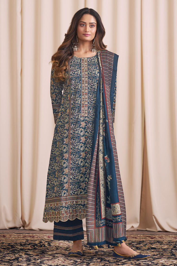 Party Wear Blue Digital Print Salwar Suit In Pure Premium Corduroy Fabric