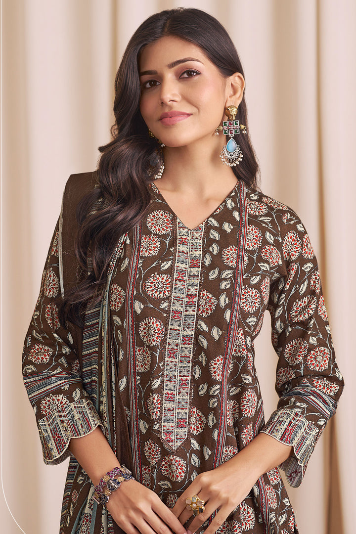 Digital Print Work On Brown Pure Premium Corduroy Salwar Suit