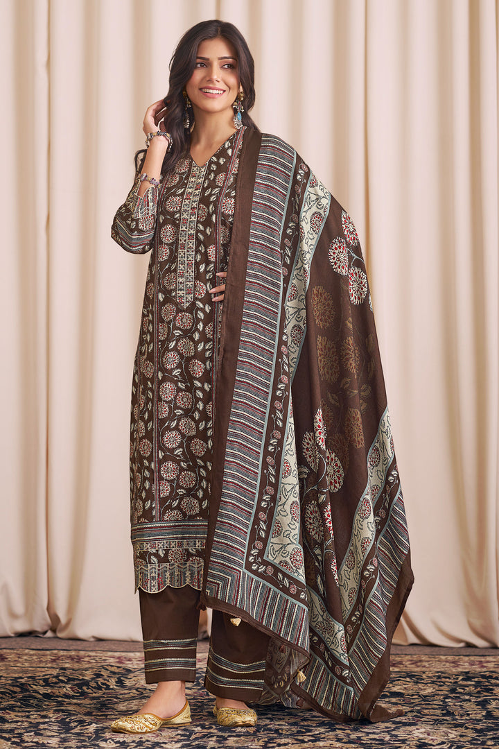 Digital Print Work On Brown Pure Premium Corduroy Salwar Suit