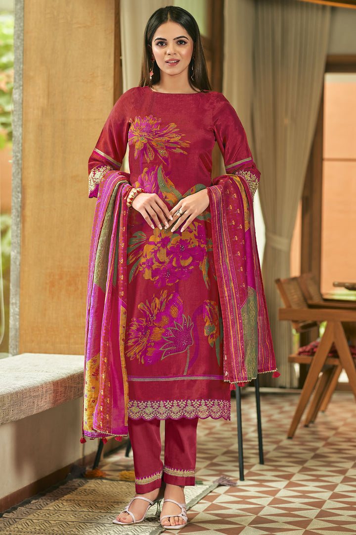 Red Pure Bemberg Silk Digital Print Daily Wear Salwar Suit