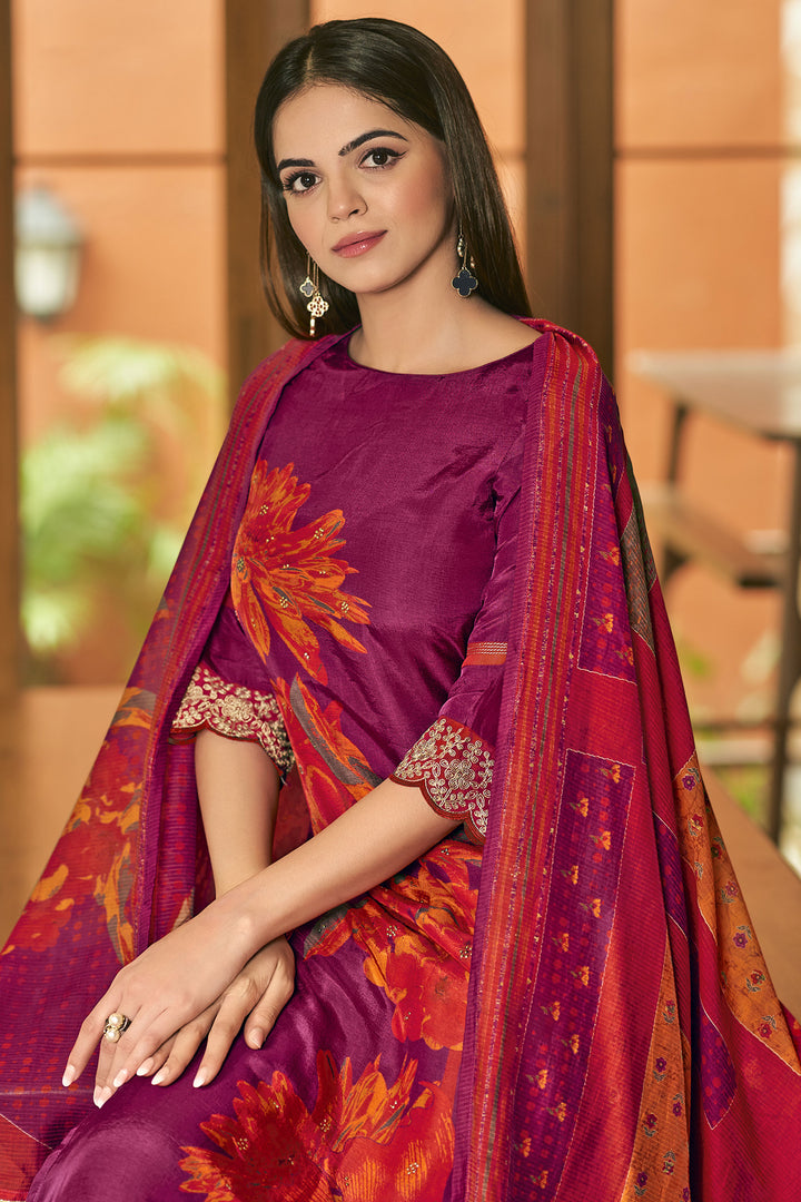 Magenta Color Pure Bemberg Silk Digital Print Daily Wear Salwar Suit