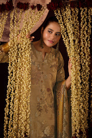 Designer Tissue Gold Zari Printed Salwar Kameez With Lace Dupatta