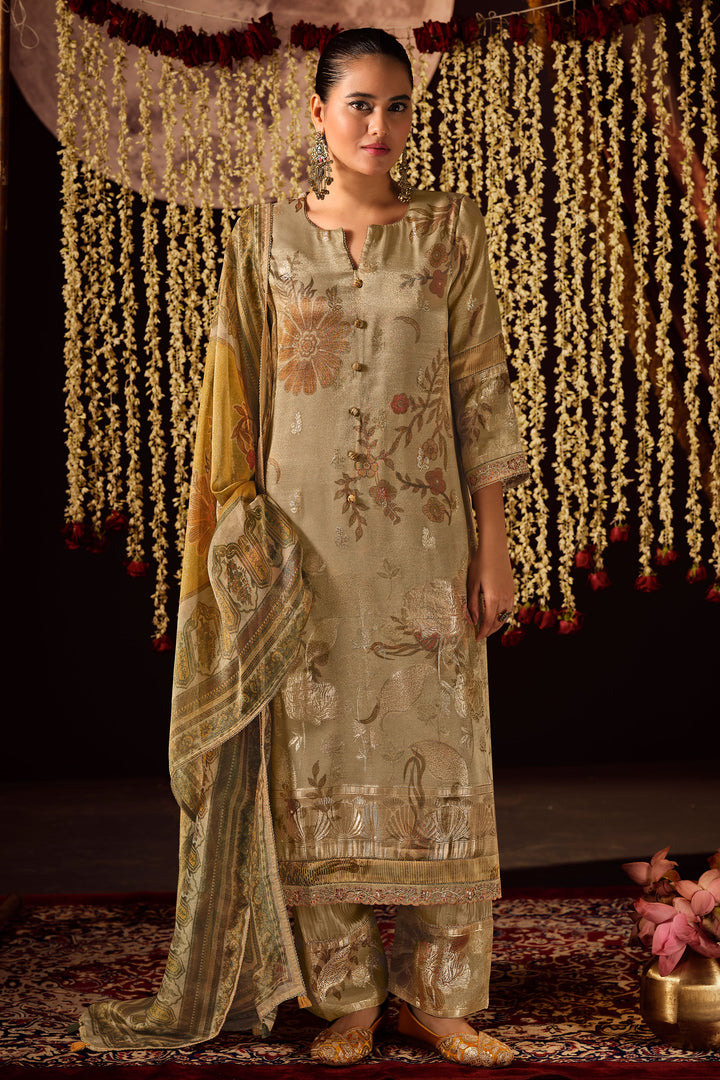 Designer Tissue Gold Zari Printed Salwar Kameez With Lace Dupatta
