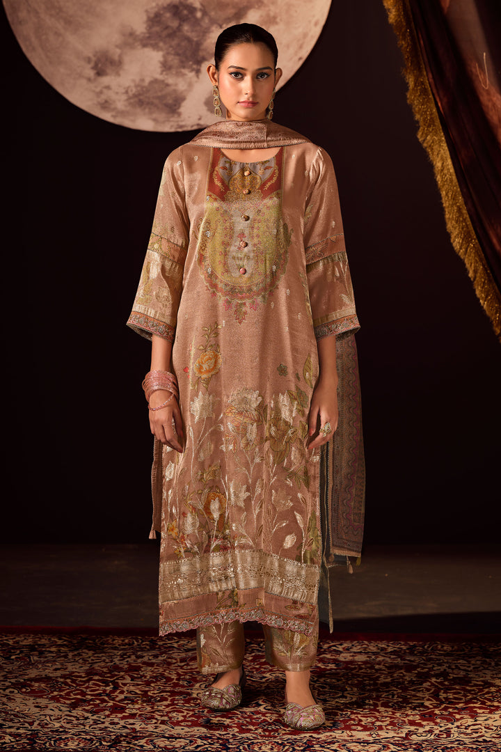 Luxury Tissue Jacquard Salwar Suit With Embroidered Sleeves And Designer Dupatta