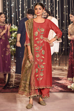 Load image into Gallery viewer, Maroon Pure Otta Silk Dyed With Fancy Placement Embroidery Work Designer Salwar Suit
