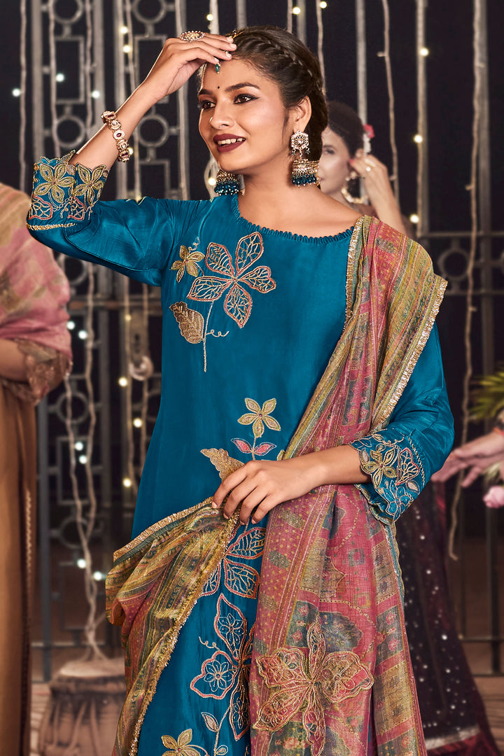 Blue Pure Otta Silk Dyed With Fancy Placement Embroidery Work Dress