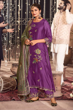 Load image into Gallery viewer, Pure Otta Silk Dyed With Fancy Placement Embroidery Work Salwar Kameez In Purple Color
