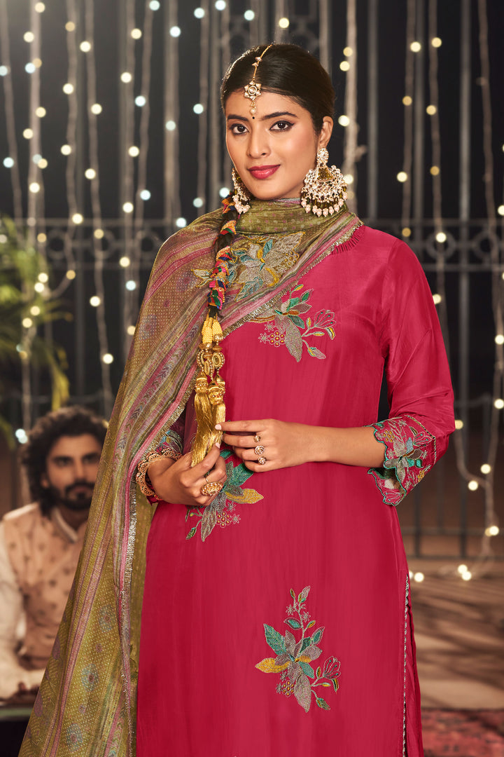 Pure Otta Silk Dyed With Fancy Placement Embroidery Work Salwar Suit In Pink Color