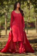 Load image into Gallery viewer, Red Muslin Zari Long Kurta Set With Embroidered Dupatta
