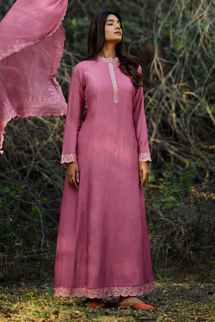 Pink Muslin Zari Handwork Gown