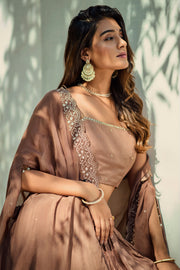 Brown Muslin Zari Heavy Border Skirt 3Pc Set