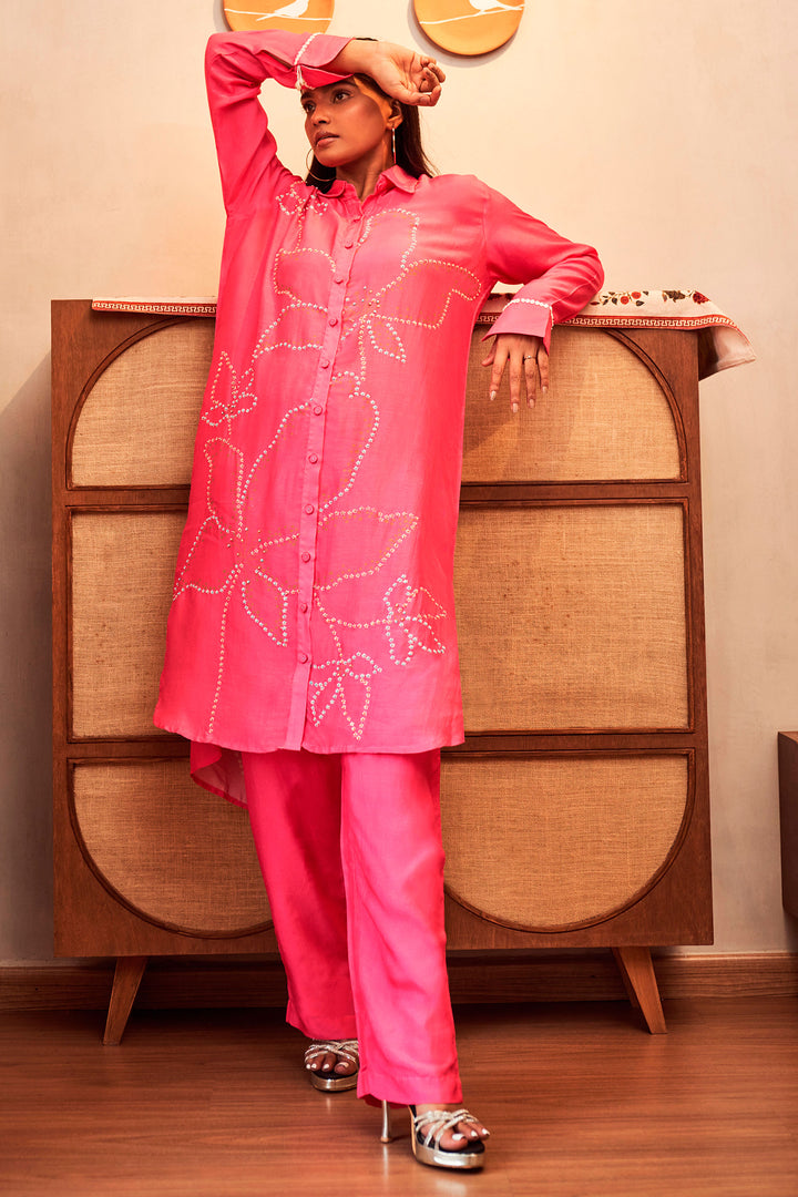 Pink Floral Muslin Shirt With Plain Pant