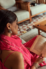 Pink Russain Floral Print Spaghetti Set With Stole