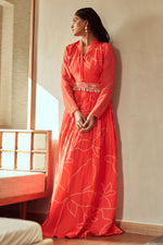 Load image into Gallery viewer, Red Russian Shawl Collar Gown With Heavy Hand Work Belt
