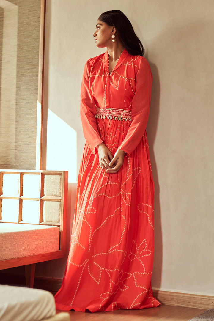 Red Russian Shawl Collar Gown With Heavy Hand Work Belt