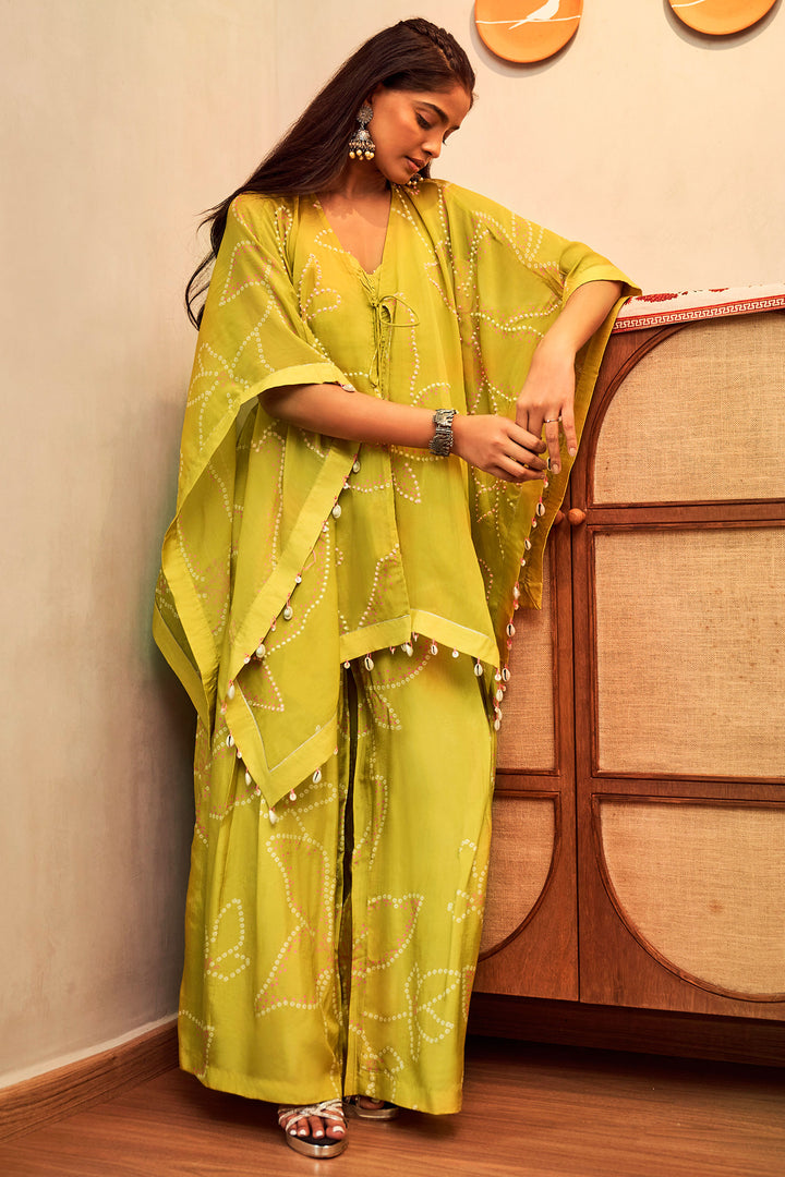 Lime Green Russian 3 Piece V Neck Kaftan Jacket With Palazzo Pant
