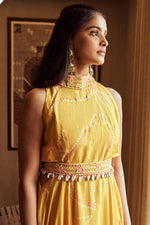 Load image into Gallery viewer, Yellow Russian High Collar Haevy Work Incut Gown With Belt
