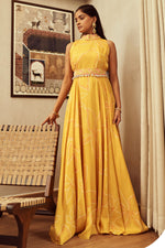 Load image into Gallery viewer, Yellow Russian High Collar Haevy Work Incut Gown With Belt
