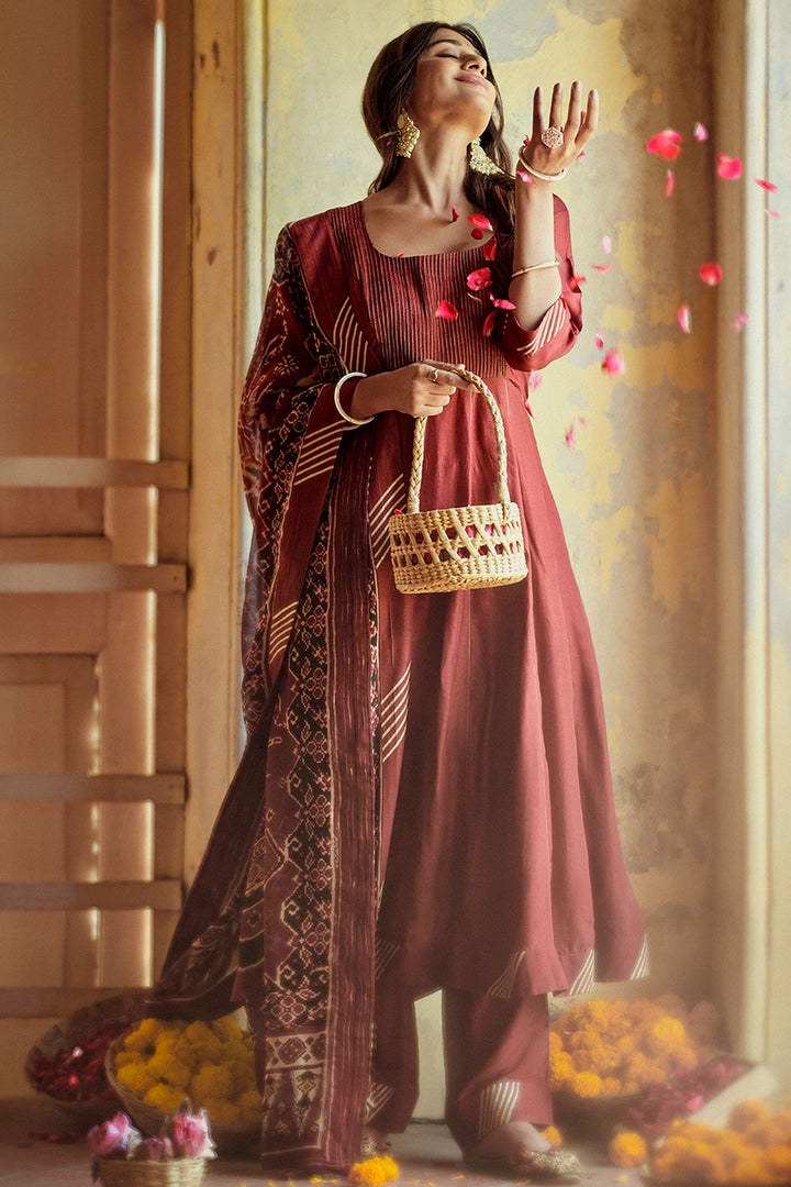 Maroon Russian kalidaar Anarkali Set With Elephant Printed Dupatta