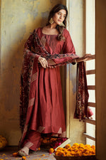 Load image into Gallery viewer, Maroon Russian kalidaar Anarkali Set With Elephant Printed Dupatta
