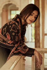 Load image into Gallery viewer, Black Russian Overlap Collar Anarkali Dress With Printed Dupatta
