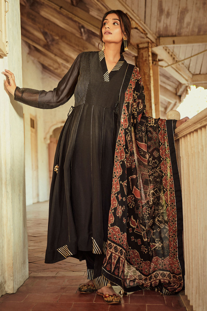 Black Russian Overlap Collar Anarkali Dress With Printed Dupatta