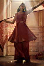 Load image into Gallery viewer, Rust Color Russian 3 Piece Umbrella Top With Gharara Palazzo Pant
