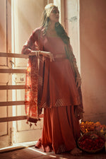 Load image into Gallery viewer, Rust Color Russian 3 Piece Umbrella Top With Gharara Palazzo Pant
