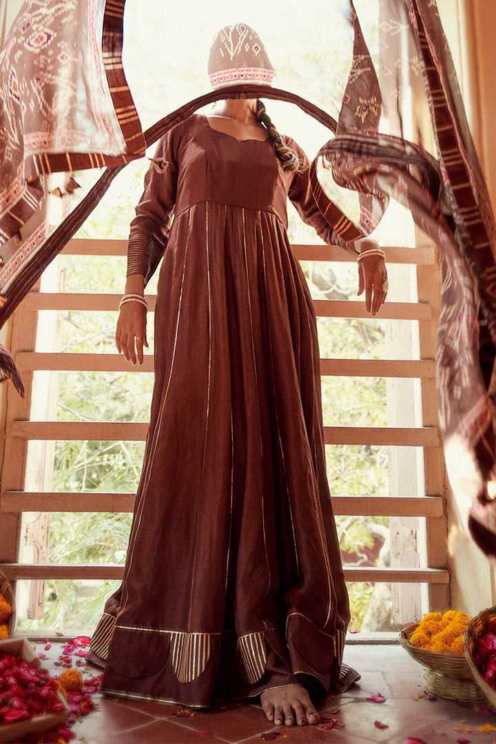 Brown Russian Designer Gown With Swan Printed Dupatta