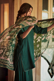 Green Russian 3 Piece Umbrella Style Gharara Set With Printed Dupatta