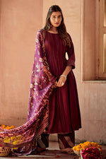 Load image into Gallery viewer, Dark Purple Russian Wide Boat Neck Anarkali Style Suit With Organza Dupatta
