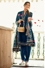Load image into Gallery viewer, Royal Blue Russian Zari Mandarin Collar A Line Kurta With Dhoti Style Pant
