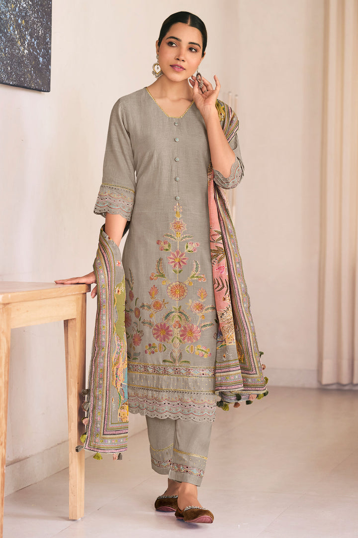 Pure Mal Jacquard Brush Paint With Embroidered Designer Salwar Kameez