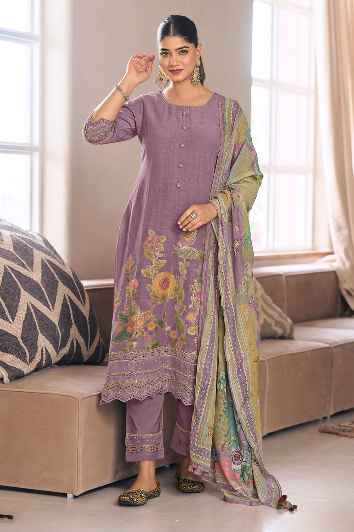 Purple Pure Mal Jacquard Brush Paint With Embroidered Designer Suit