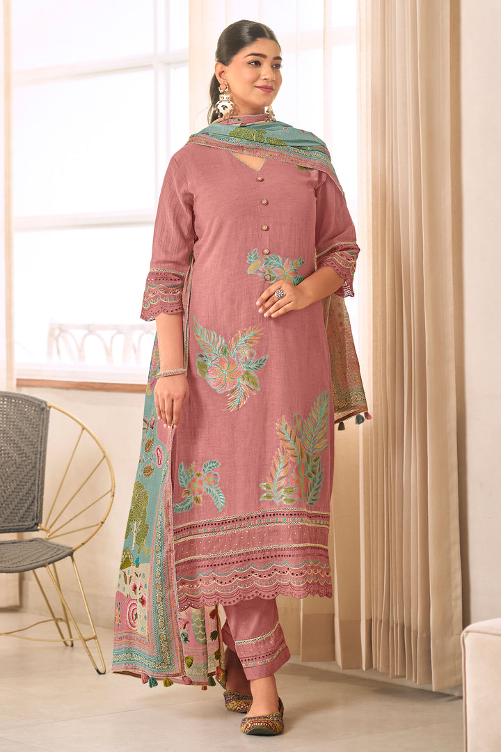 Pink Pure Mal Jacquard Brush Paint With Embroidered Designer Dress
